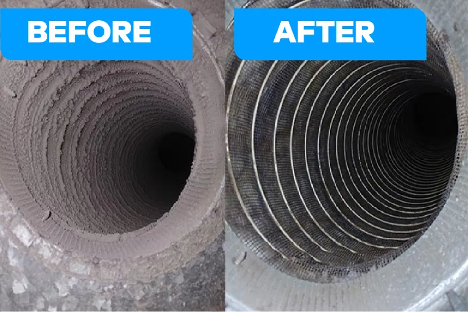 Before and after images of professional air duct cleaning by supreme air care