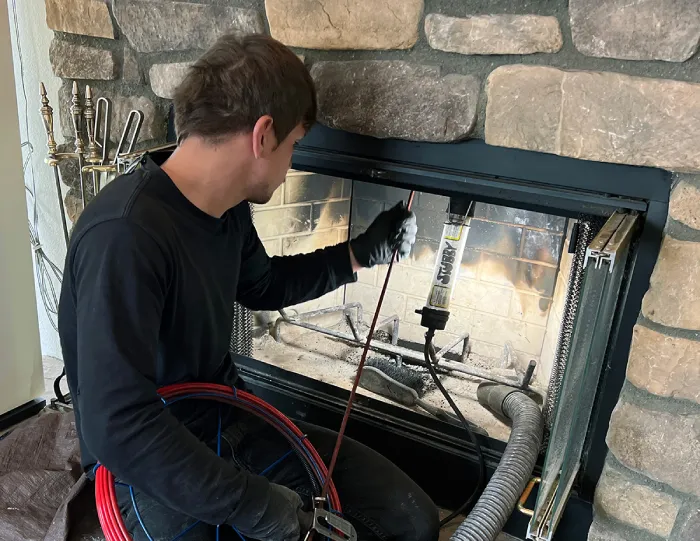 Professional technician inspecting and cleaning the inside of a residential fireplace.