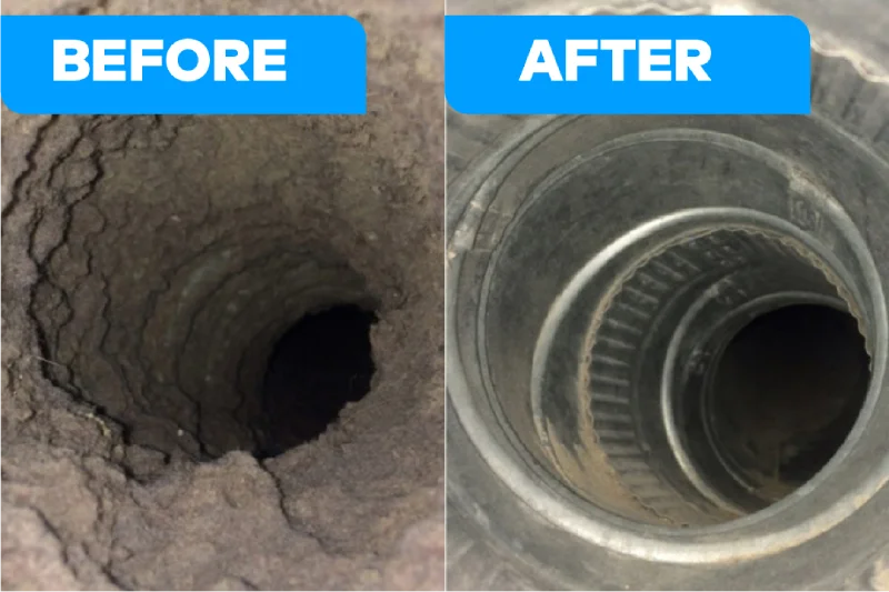 Professional dryer vent cleaning before and after, showing a clogged vent compared with a clean, professionally cleared dryer vent.