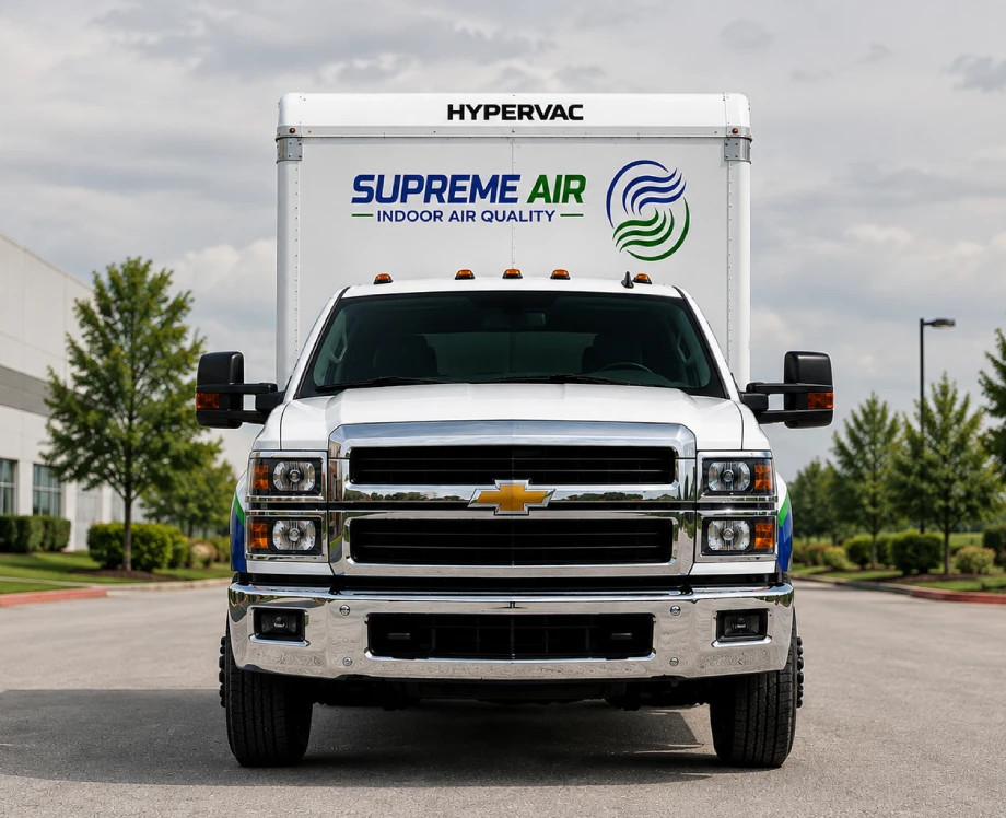 Front view of the Supreme Air Care commercial air duct cleaning truck with Hypervac system