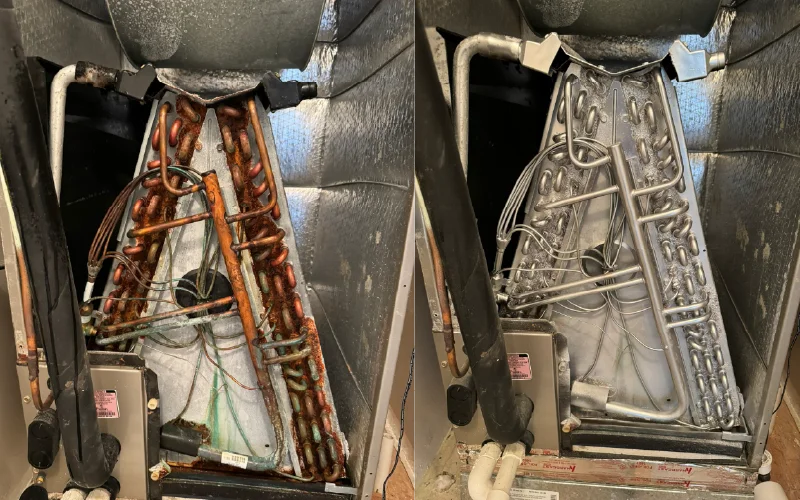 Before and after view of an HVAC system coil, showing dirty components and a professionally cleaned interior.