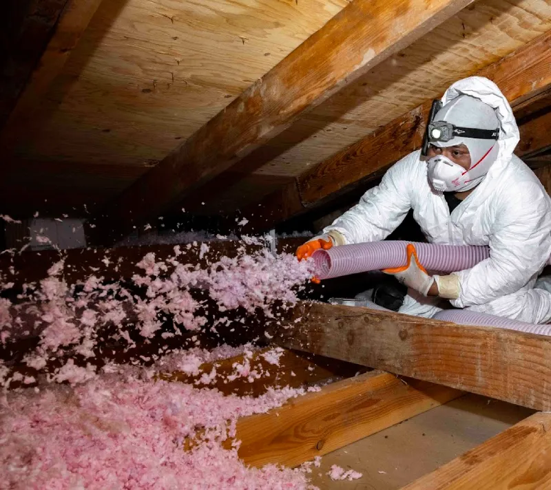 Technician installing fiberglass insulation in a residential attic